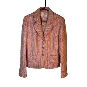 Escada Pink Tweed Blazer Jacket Metallic Sparkle Pearl Buttons Size 42